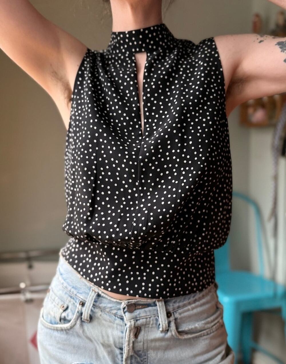 FRAME Silk Polka Dot Blouse | Black White Sleeveless Mock Neck Top | S